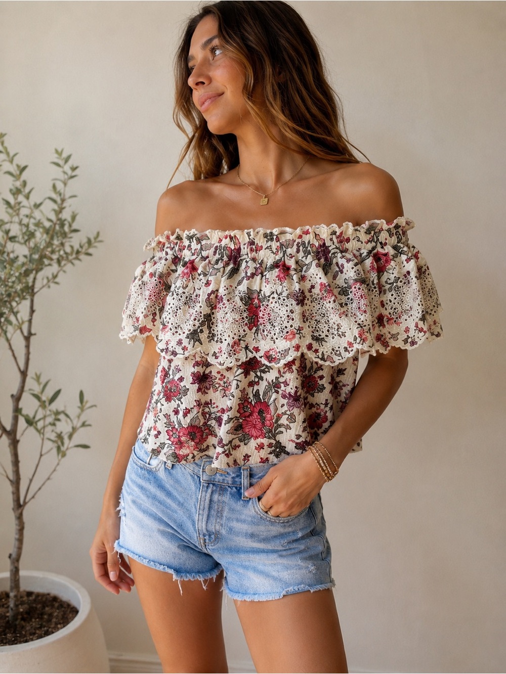 American Eagle Floral Off Shoulder Eyelet Lace Boho Peasant Top XXS